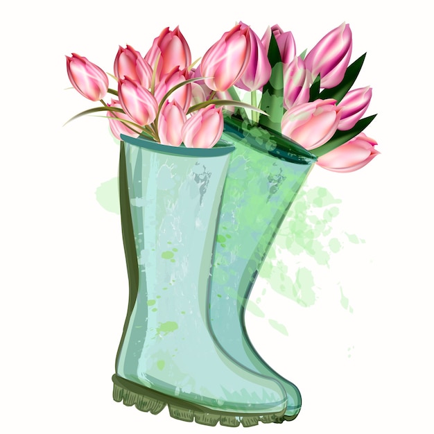 Frühlings-modeillustration mit grünen gummistiefeln und tulpen zum design