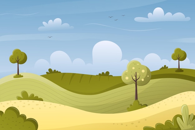 Vektor frühlings-sommer-landschaft feldbäume büsche wolken wunderschöner himmel vektor-illustration