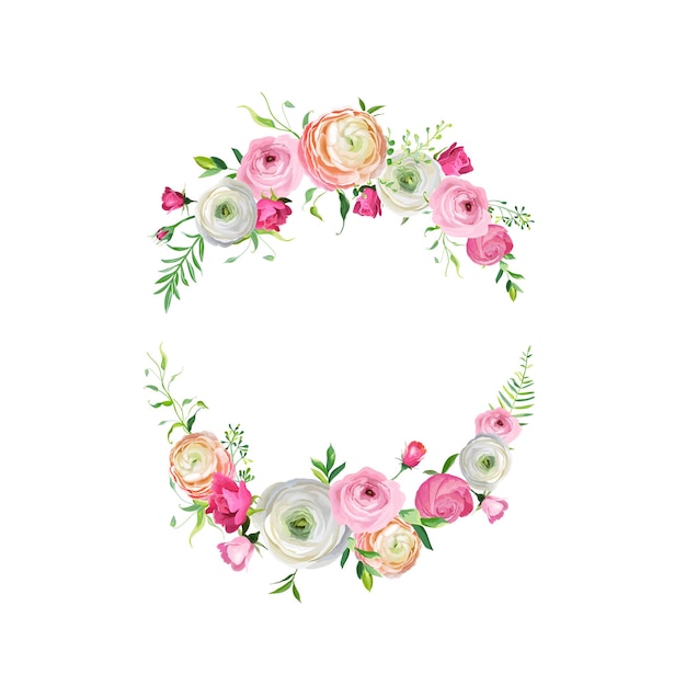 Frühlings- und Sommerblumenrahmen für Feiertagsdekoration. Hochzeitseinladung, Grußkartenvorlage mit blühenden rosa Blumen. Vektor-Illustration