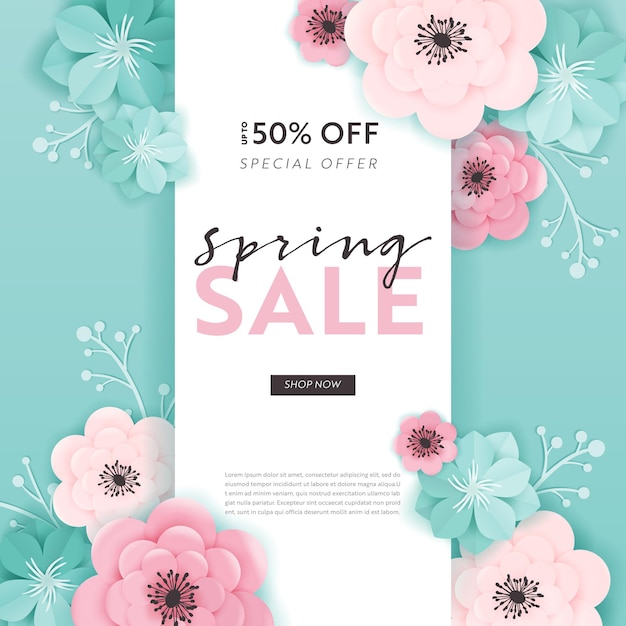 Frühlings-verkaufs-fahnen-hintergrund mit papierschnittblumen. frühlingsrabattgutschein vorlage, broschüre, poster, werbeaktion. vektor-illustration