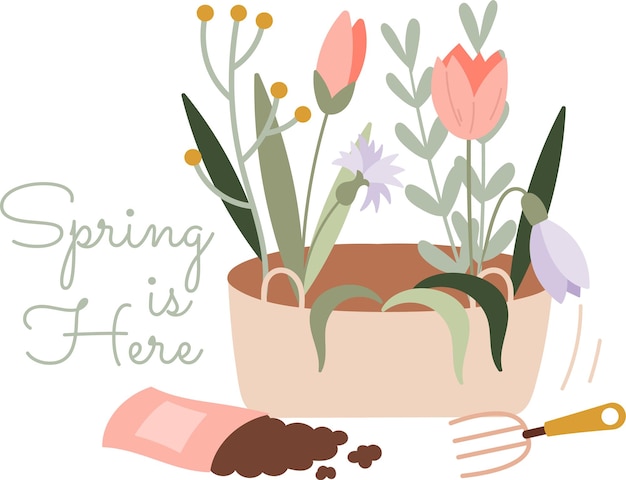 Frühlingsblumen, gartenarbeit, mit, lettering