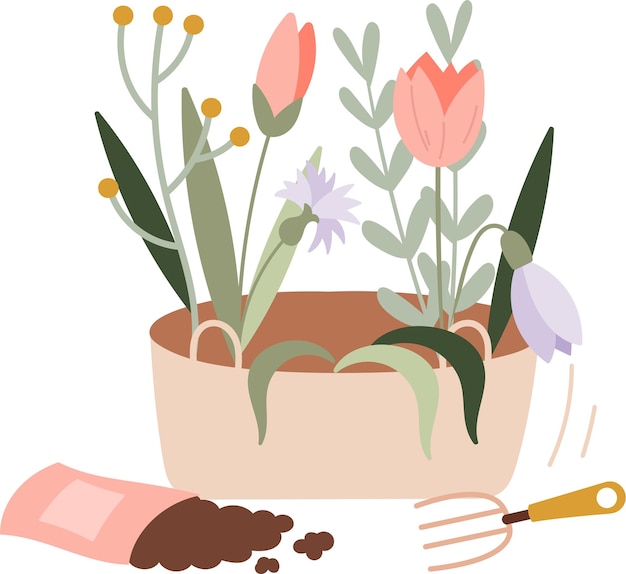 Frühlingsblumen, gartenarbeit, mit, tools