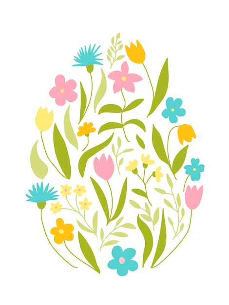 Frühlingsblumen in Eiform Tulpen Kornblumen Campanulas Gänseblümchen Osterferien Dekoration Handgezeichnete botanische Illustration isoliert auf weißem Hintergrund