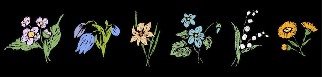 Vektor frühlingsblumen mit texturskizzen narziss, lilienblume, krokus, violettblume, schneeblümchen, löwenzahn