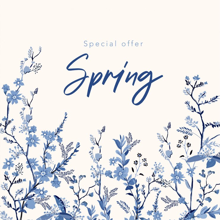Frühlingsfahnenhintergrund mit der schönen Hand gezeichneten monotonen blauen Blumenillustration