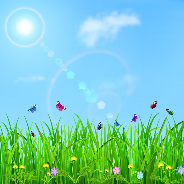 Frühlingshintergrund mit Himmel, Sonne, Gras, Blumen und Schmetterlingen