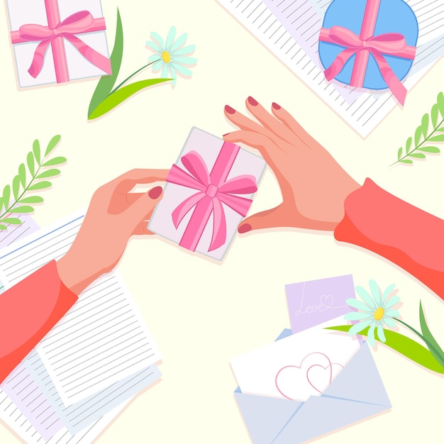 Frühlingskarte mit weiblichen Händen und einer Draufsicht des Geschenks Vektorillustration für den Feiertagsgeburtstag