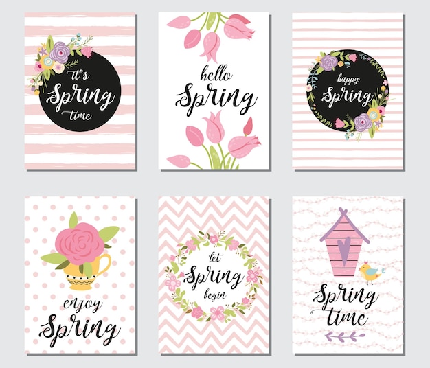 Frühlingskarten-set mit frühlingszitaten kalligrafie blumen kranz vögel tulpen rosenbecher banner für grußkarten verkauf abzeichen poster cover tag einladung handgezeichnete stilvektorillustration