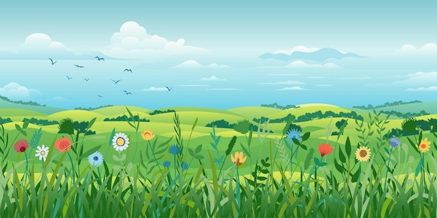 Frühlingslandschaft blühende Wiese und grüne Hügel blauer Himmel und Vogelherde