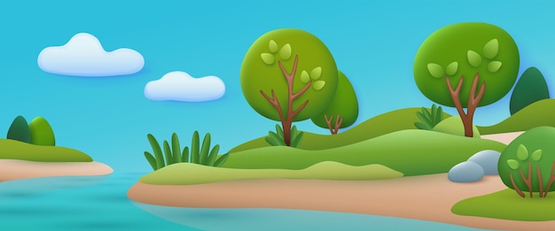 Vektor frühlingslandschaft mit fluss 3d-darstellung. natürlicher hintergrund mit grünen bäumen, büschen und seeufer im cartoon-stil. natur, sommer, saison, waldkonzept