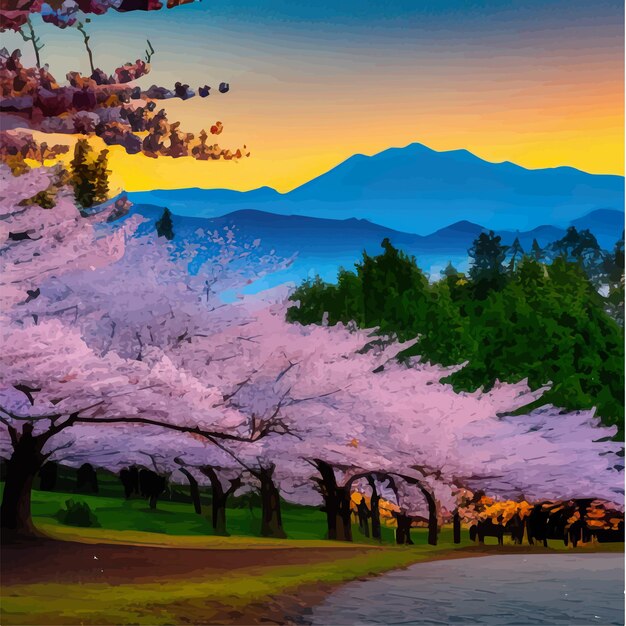 Frühlingslandschaft mit kirschblüten sakura grüne wiese auf dem hügel blauer himmel und wolken natur oder sommer