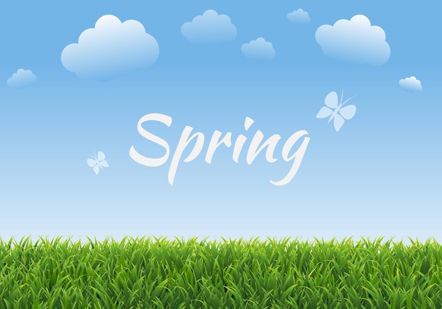 Frühlingsposter mit grünem Gras und Wolken