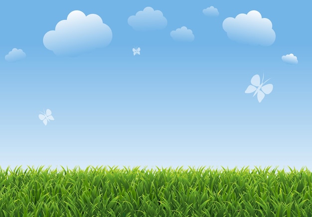Frühlingsposter mit grünem Gras und Wolken