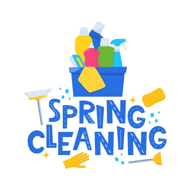 Frühlingsreinigung Schreibwörter Hausreinigung Werkzeuge und Blumen Frühlingreinigung für Karten