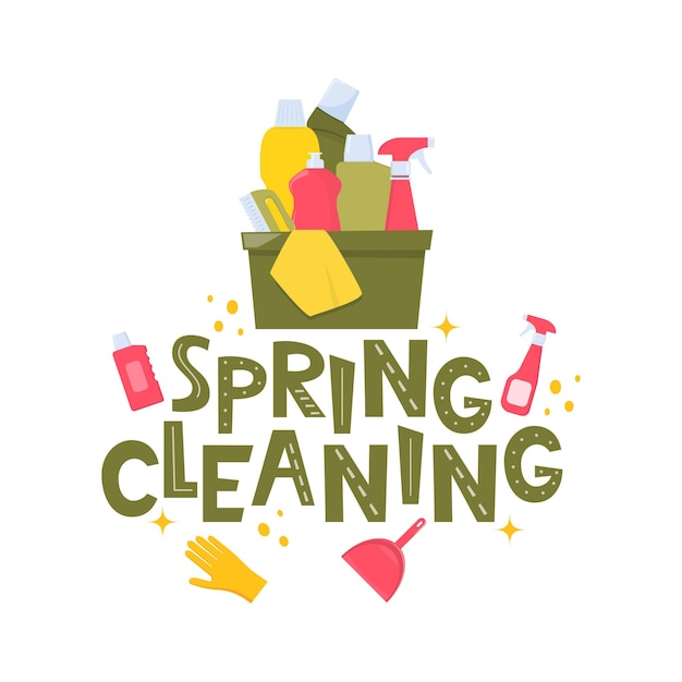 Frühlingsreinigung Schreibwörter Hausreinigung Werkzeuge und Blumen Frühlingreinigung für Karten
