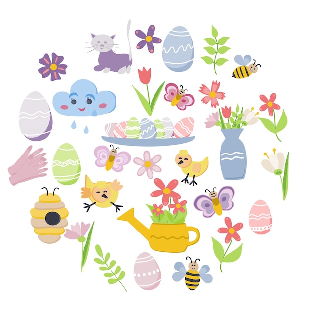 Frühlingszeit und Ostern Sammlung von niedlichen Elementen auf weißem Hintergrund Ei Biene Wolke Vogel Blume Perfekt für Kartenaufkleber