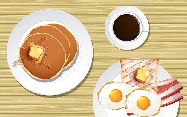 Frühstück auf dem Schreibtisch hautnah mit Kaffeetasse im Cartoon-Stil