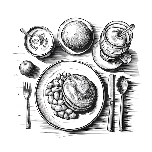 Vektor frühstück eingravierte stil tinte skizze zeichnung schwarz-weiße vektor-illustration