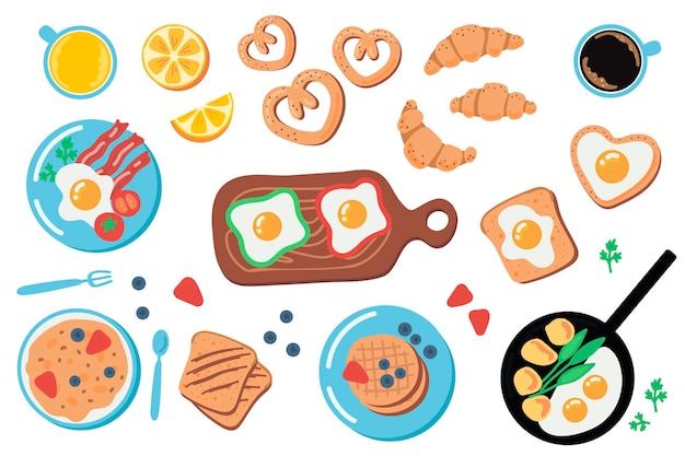 Frühstücks-Mahlzeit-Set Vektor-Sammlung von Lebensmittel-Ikonen Ei Kaffee Toast Orangensaft Speck