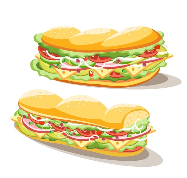 Frühstücks-sandwich-satz essen auf weißem hintergrund, illustration