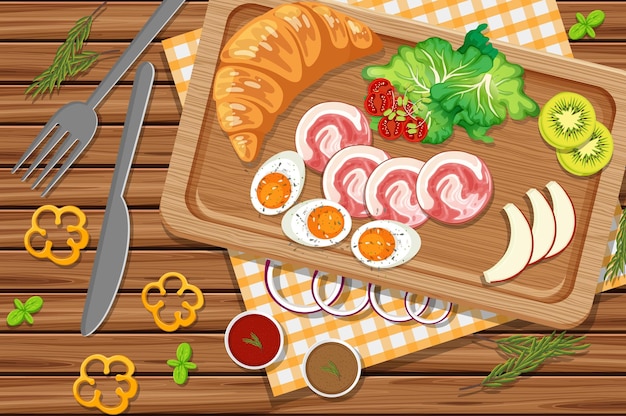 Vektor frühstückscroissant mit schinken und gekochtem ei auf dem tisch