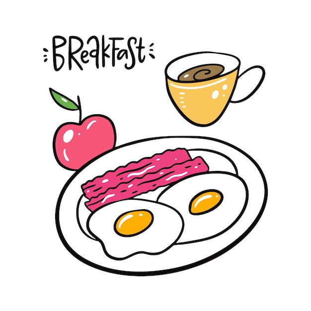 Frühstückseier, speck, apfel und kaffeetasse. hand gezeichnet und beschriftet. auf weißem hintergrund isoliert. cartoon-stil. design für dekor, karten, druck, web, poster, banner, t-shirt