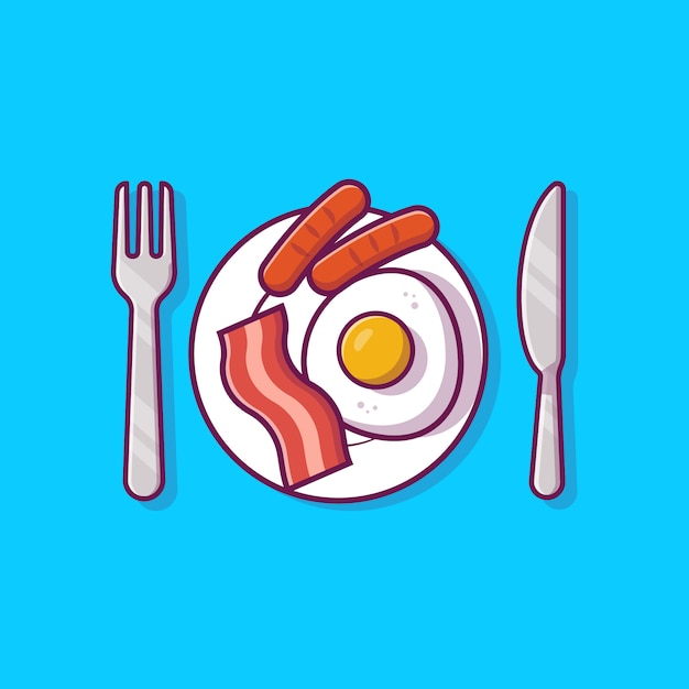 Frühstücksnahrung auf teller mit ei und wurst cartoon illustration.