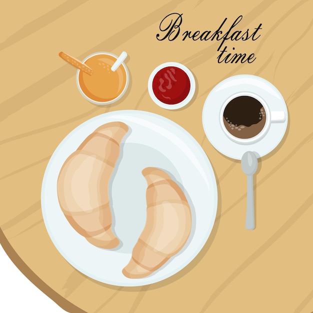 Frühstückszeit Zwei frisch gebackene Croissants mit einer Tasse schwarzem Kaffee und einer Erdbeere warten
