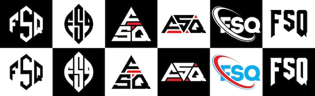 Fsq-buchstaben-logo-design in sechs stilen. fsq-polygon-kreis-dreieck-sechseck-flacher und einfacher stil mit schwarz-weißer farbvariation. buchstaben-logo auf einer zeichenfläche. fsq-minimalistisches und klassisches logo