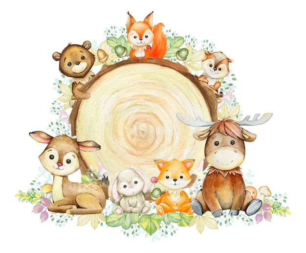 Fuchs, Hirsch, Streifenhörnchen, Kaninchen, Elch, Bär und Eichhörnchen. Aquarell-Waldtiere, auf einem hölzernen Hintergrund, in einer Karikaturart.