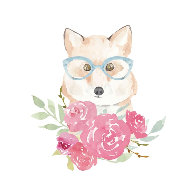 Fuchs mit brille und rosa blumenstrauß