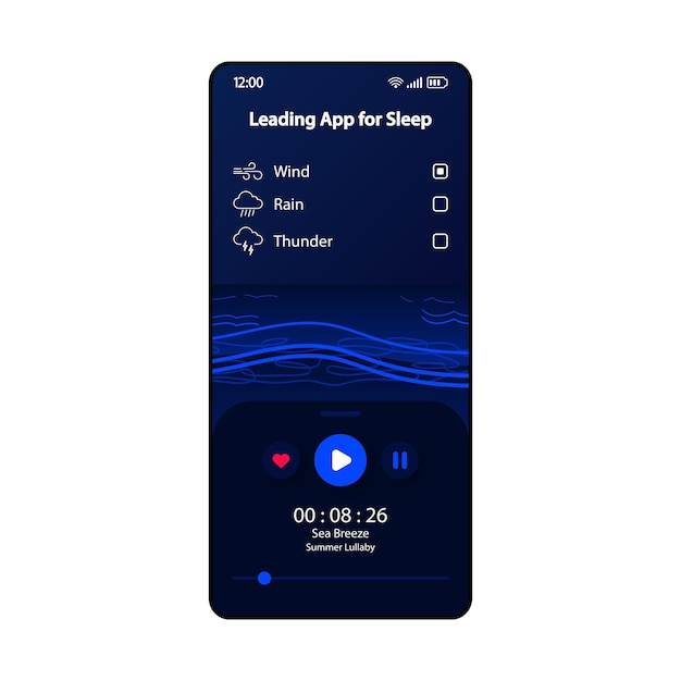 Führende app für schlaf-smartphone-schnittstellenvektorvorlage mobile app-seite dunkelblaues schwarzes design-layout beruhigende geräusche des naturbildschirms flache benutzeroberfläche für die anwendung wind und donner telefonanzeige
