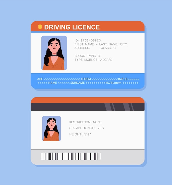 Führerschein-Vorlage Dokument für weibliche Fahrer Frau-Avatar am Mock-up Junges Mädchen am Personalausweis Grafisches Element für Website Cartoon flache Vektor-Illustration isoliert auf blauem Hintergrund