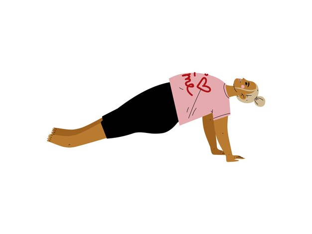 Vektor fülle frau in plank-aufwärts-pose kurviges mädchen praktiziert yoga gesunde lebensweise vektor-illustration