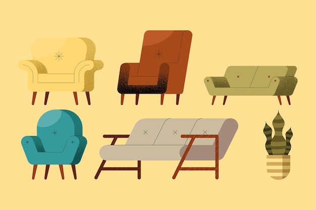 Fünf sofas und zimmerpflanzen set icons