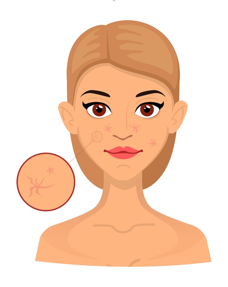Vektor für frauen, hauttypen mit rosacea, einem vergrößerten bereich für die kosmetik. akne, falten und altersflecken. pflege für die haut. vektor