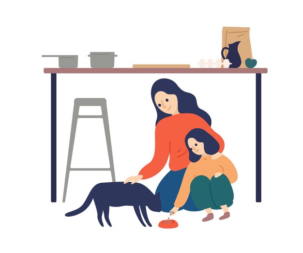 Fürsorgliche Mutter und süße Tochter füttern Katze an der flachen Illustration des Küchenvektors. Glückliche Frau, die Zeit mit Kind verbringt und die Mutterschaft genießt, isoliert auf weiß. Eltern unterrichten das Kind, das sich um das Haustier kümmert.