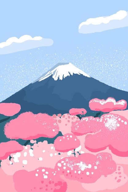 Fuji-Berg im Frühling Vektorillustration der japanischen Szene im Frühling mit rosa Kirschblütenbäumen