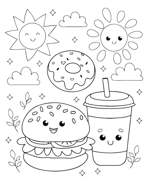 Fun KawaiiStyle Malseite für Kinder mit Essen und Wetterelementen
