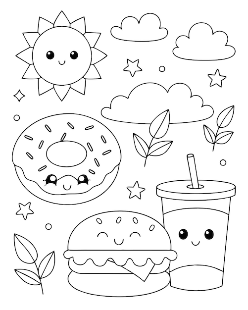 Fun KawaiiStyle Malseite für Kinder mit Essen und Wetterelementen