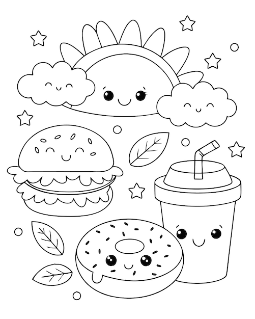 Fun KawaiiStyle Malseite für Kinder mit Essen und Wetterelementen