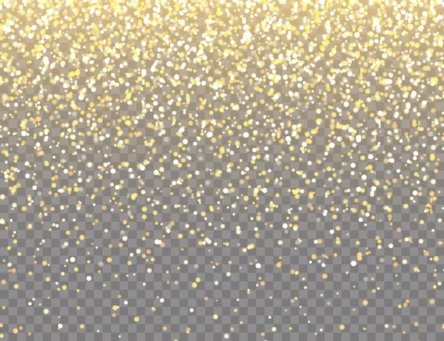 Vektor funkelnde goldene glitzer mit bokeh-lichtern auf transparentem vektorhintergrund fallen glänzende konfetti