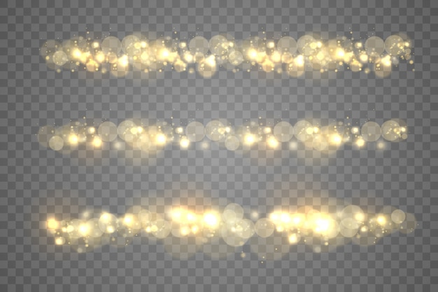 Vektor funkelnde goldene magische staubpartikel bokeh auf transparentem hintergrund, funkelnder weihnachtslichteffekt, funkeln, leuchten lichter, gelbe staubfunken und sternschein mit speziellem licht, illustration.