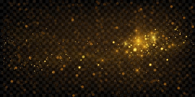Funkelnde goldene Partikel, leuchtende Bokeh-Lichter einzeln auf dunklem, transparentem Hintergrund