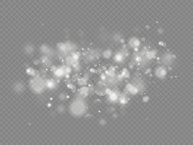 Funkelnde magische Staubpartikel Bokeh isoliert, die weißen Staubfunken und Sterne leuchten mit besonderem Licht