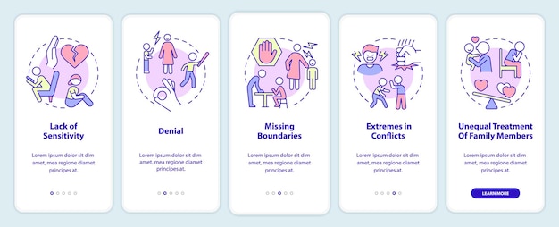 Funktionen von dysfunktionalen familien beim onboarding auf dem bildschirm der mobilen app