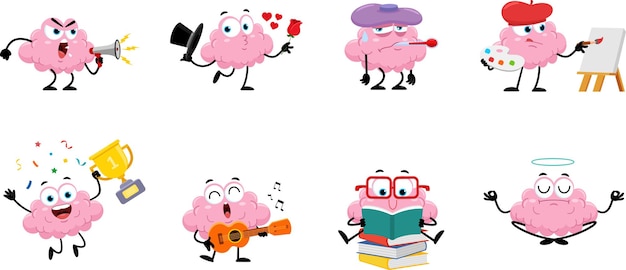 Funny Brain Cartoon Character Vector Flat Design Collection Set (Satz mit lustigen Zeichentrickfiguren)