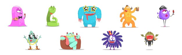 Vektor funny monster character als toothy und hairy mutant mit freundlichem gesicht auf party vector set