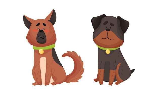 Funny Shepherd Dog und Rottweiler mit Halsband als vierbeiniger Freund und Domestic Pet Vector Set