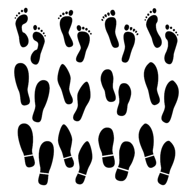 Fußabdrücke menschliche schuhe silhouette, vektor-set, isoliert auf weißem hintergrund. vektor-illustration.